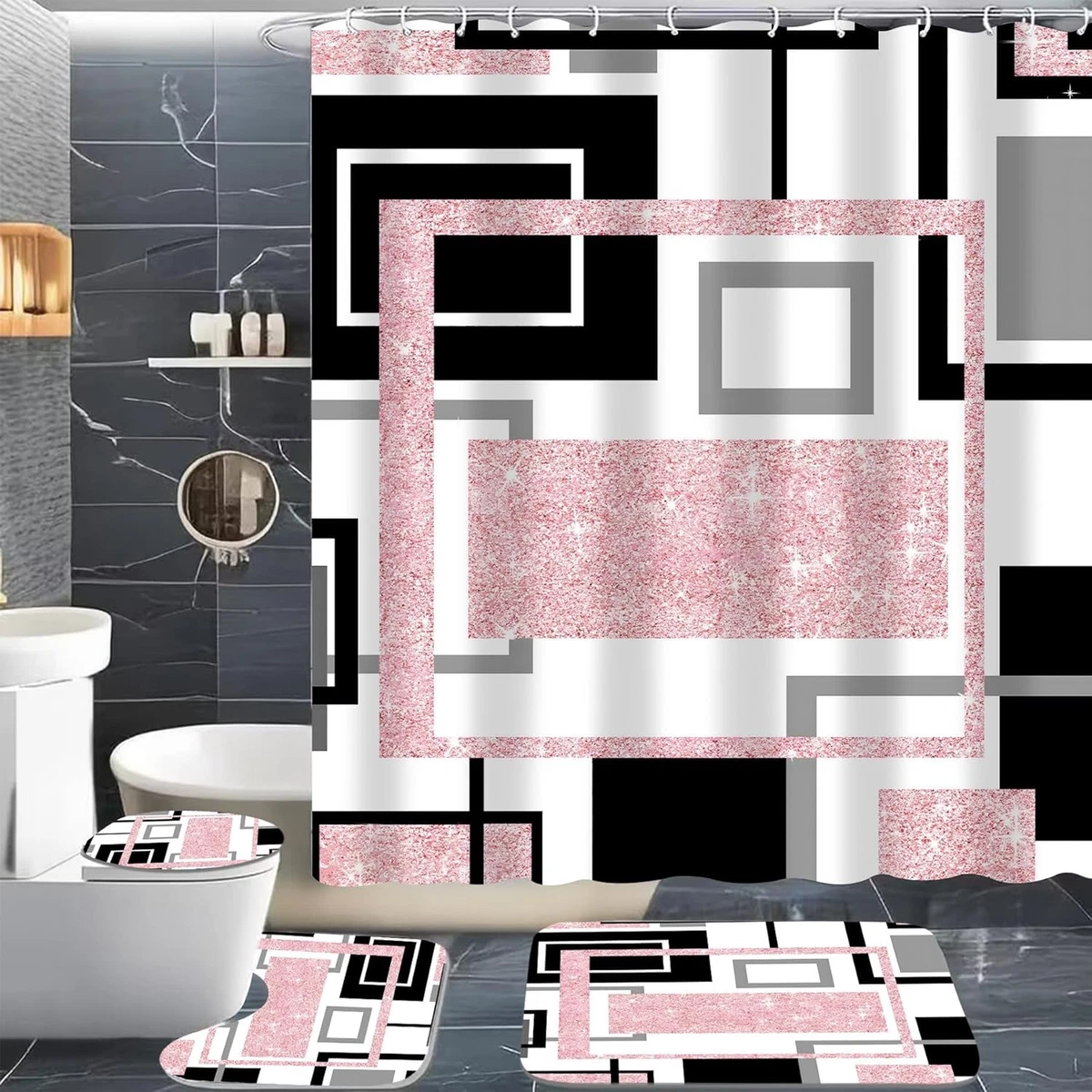 4 Pcs Pink Geometric Shower Curtain Sets Non-Slip Bath Rugs, Toilet Cover,