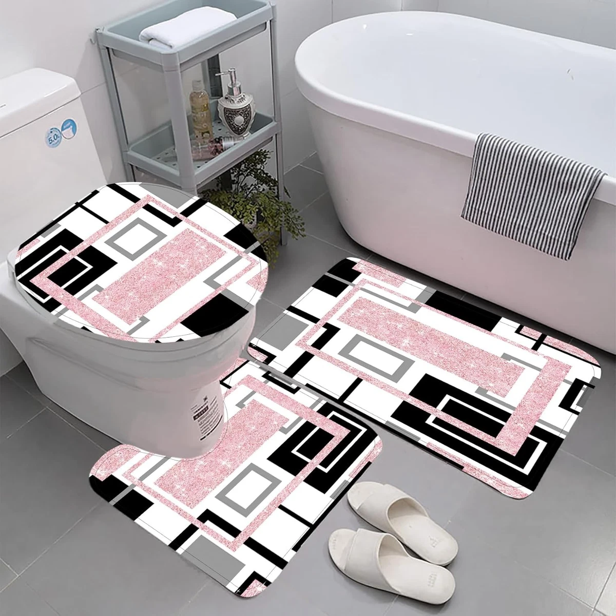 4 Pcs Pink Geometric Shower Curtain Sets Non-Slip Bath Rugs, Toilet Cover,