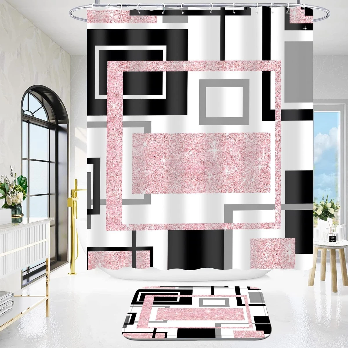 4 Pcs Pink Geometric Shower Curtain Sets Non-Slip Bath Rugs, Toilet Cover,