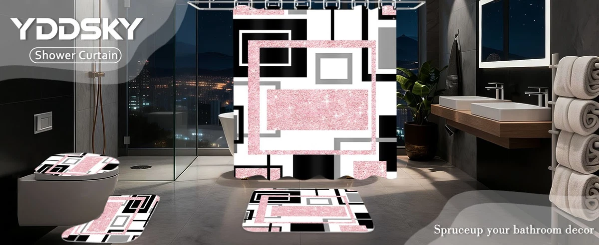 4 Pcs Pink Geometric Shower Curtain Sets Non-Slip Bath Rugs, Toilet Cover,