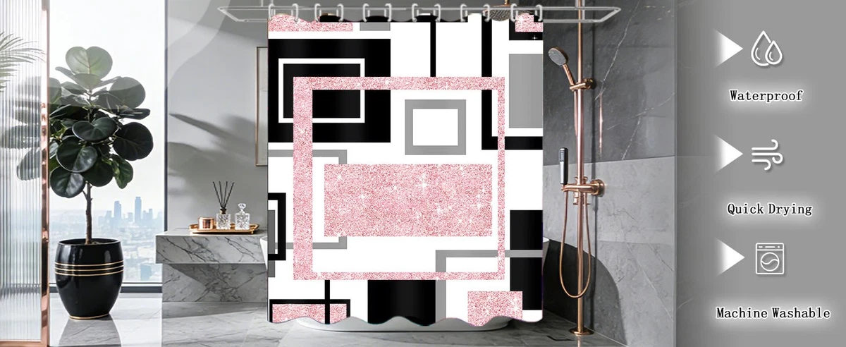 4 Pcs Pink Geometric Shower Curtain Sets Non-Slip Bath Rugs, Toilet Cover,