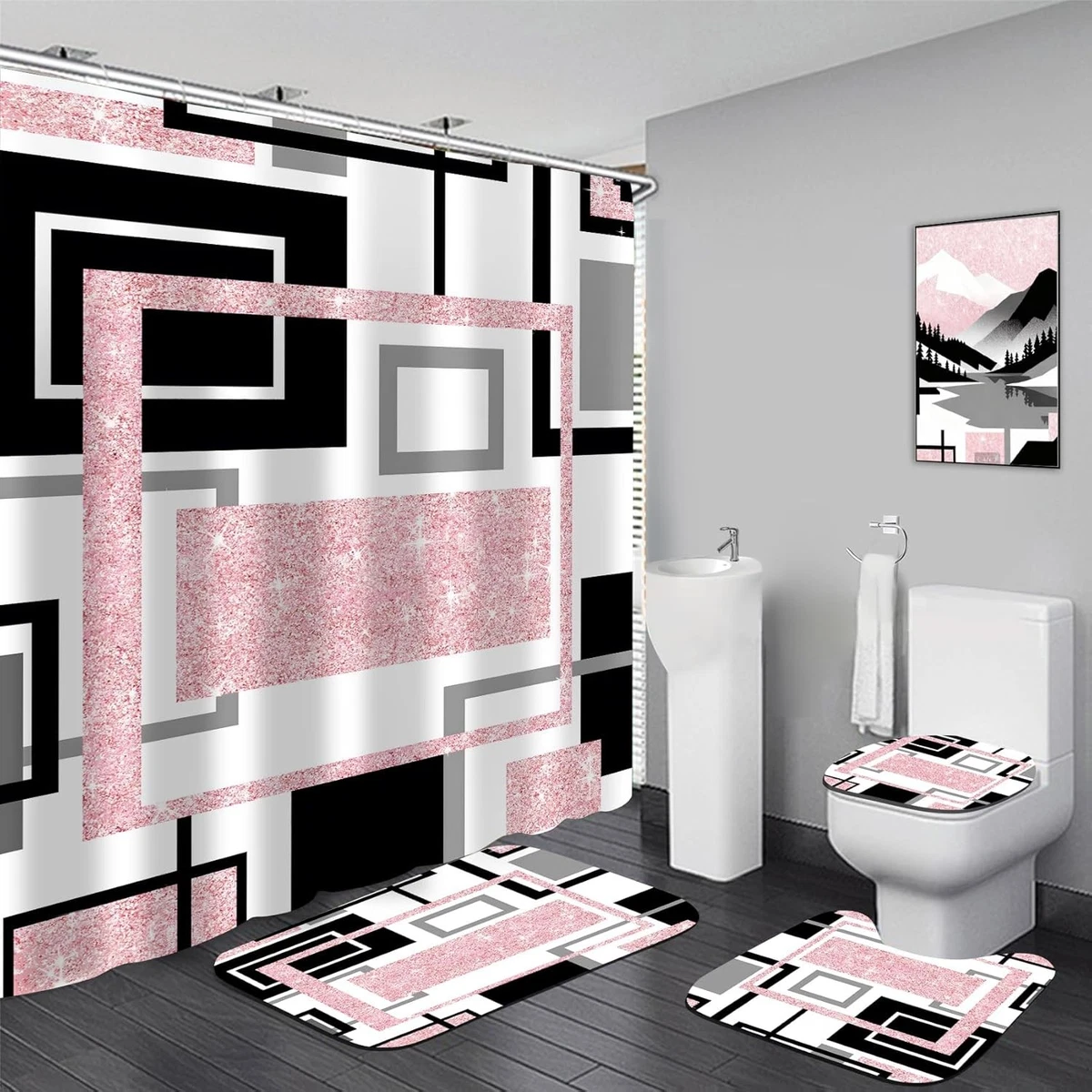 4 Pcs Pink Geometric Shower Curtain Sets Non-Slip Bath Rugs, Toilet Cover,