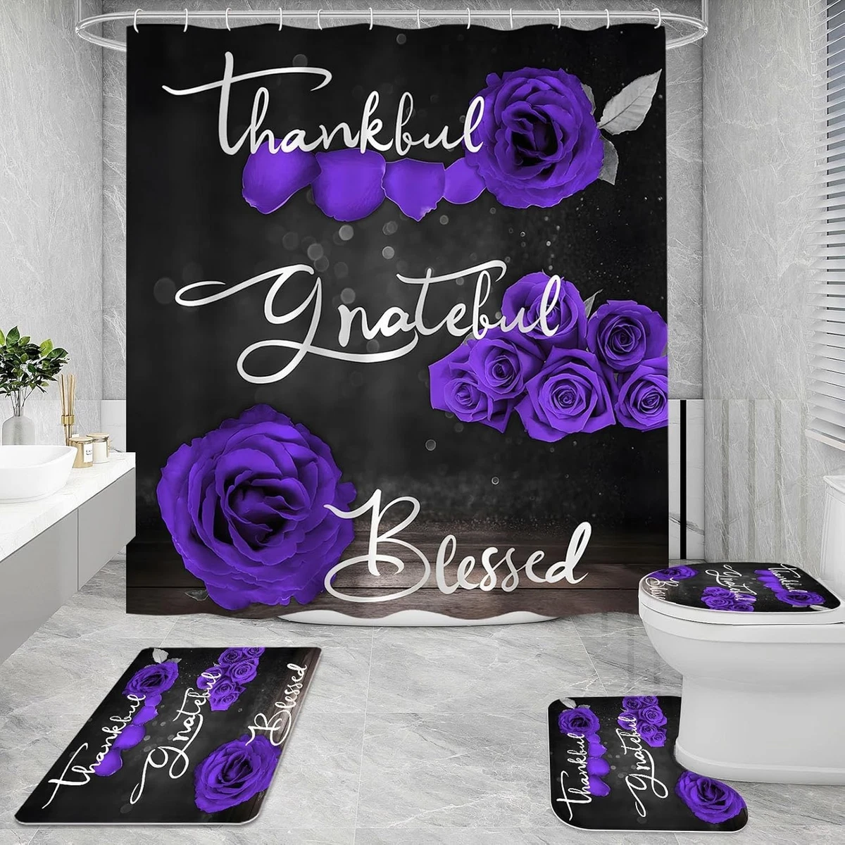 4 Pcs Purple Rose Shower Curtain Set with Non-Slip Rugs, Toilet Lid Cover and