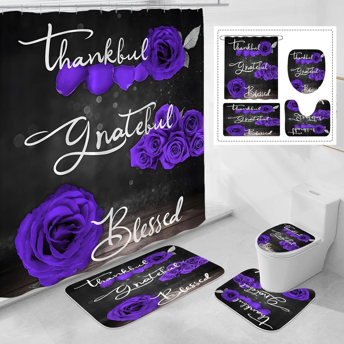 4 Pcs Purple Rose Shower Curtain Set with Non-Slip Rugs, Toilet Lid Cover and