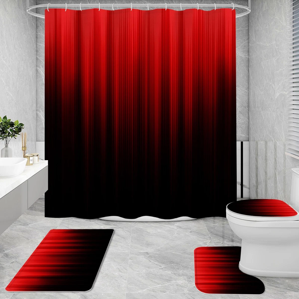 4 Pcs Red and Black Gradient Shower Curtain Set with Rugs and Toilet Lid Cover,