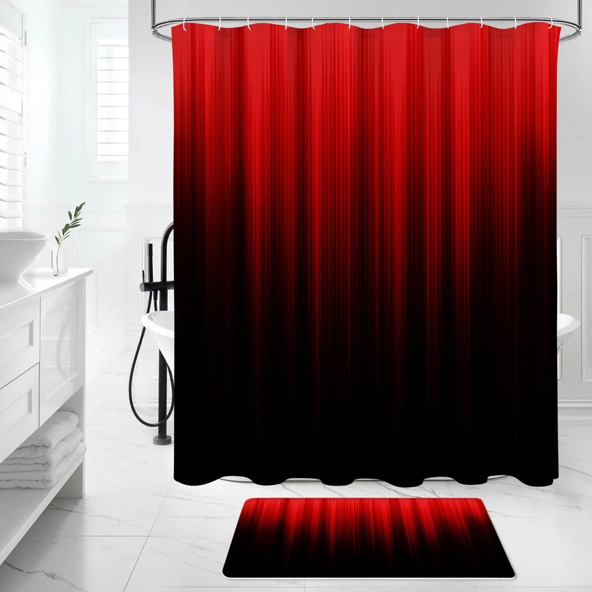 4 Pcs Red and Black Gradient Shower Curtain Set with Rugs and Toilet Lid Cover,