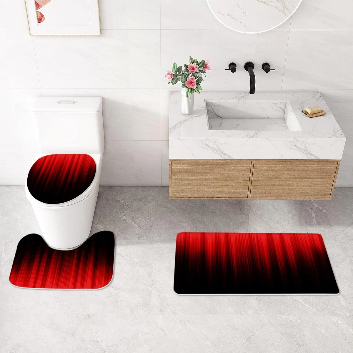 4 Pcs Red and Black Gradient Shower Curtain Set with Rugs and Toilet Lid Cover,
