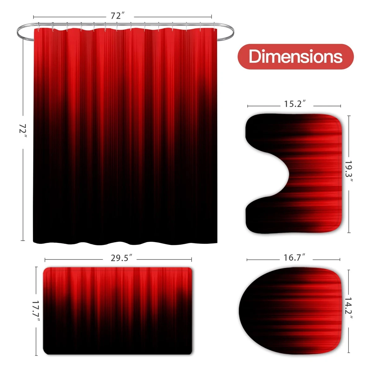 4 Pcs Red and Black Gradient Shower Curtain Set with Rugs and Toilet Lid Cover,