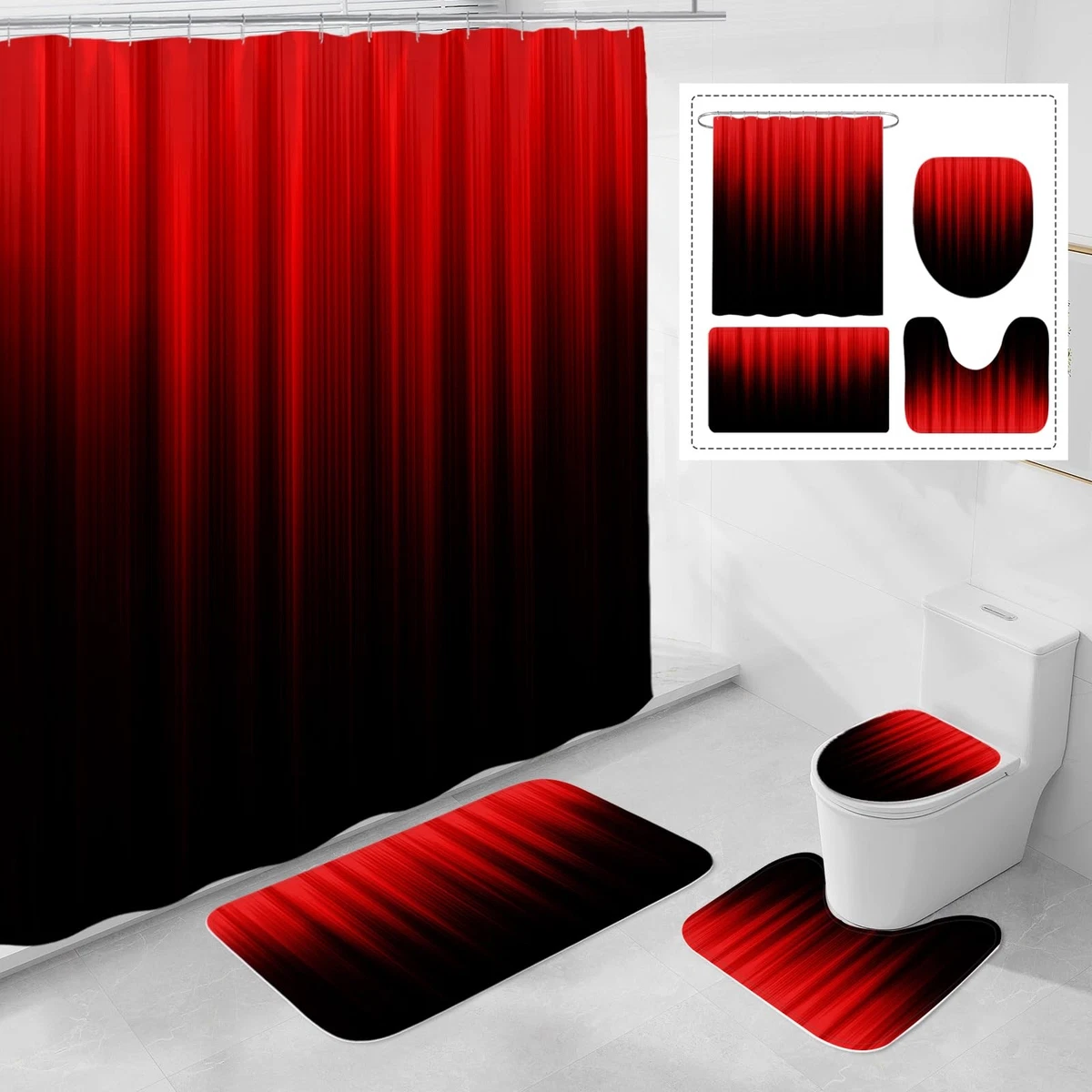 4 Pcs Red and Black Gradient Shower Curtain Set with Rugs and Toilet Lid Cover,
