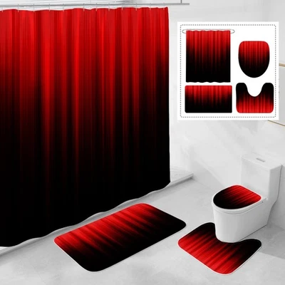 4 Pcs Red and Black Gradient Shower Curtain Set with Rugs and Toilet Lid Cover,