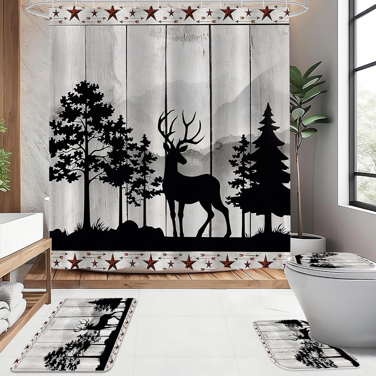 4 Pcs Rustic Forest Deer Shower Curtain Set with Non-Slip Rugs, Toilet Lid Cover