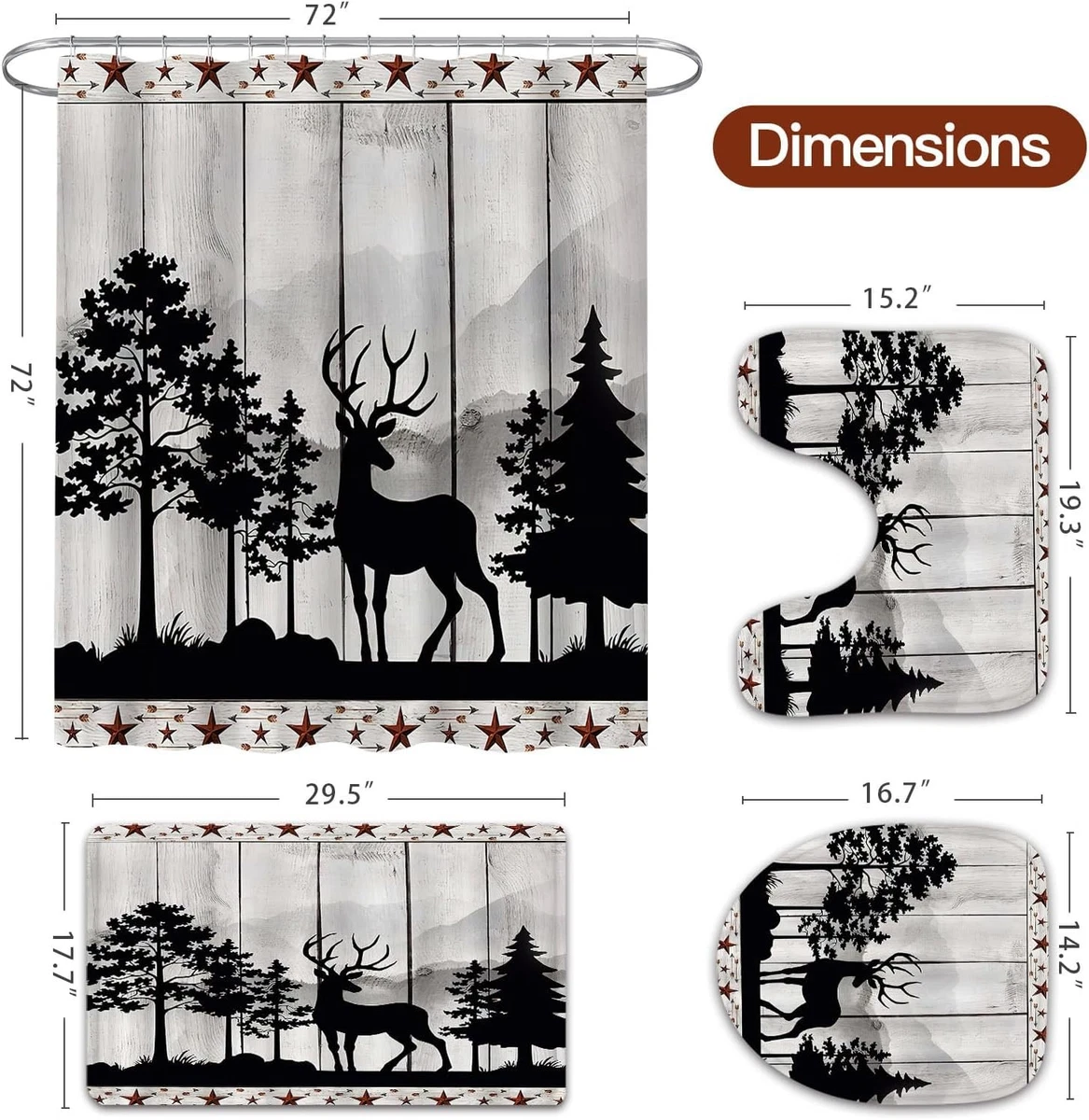 4 Pcs Rustic Forest Deer Shower Curtain Set with Non-Slip Rugs, Toilet Lid Cover