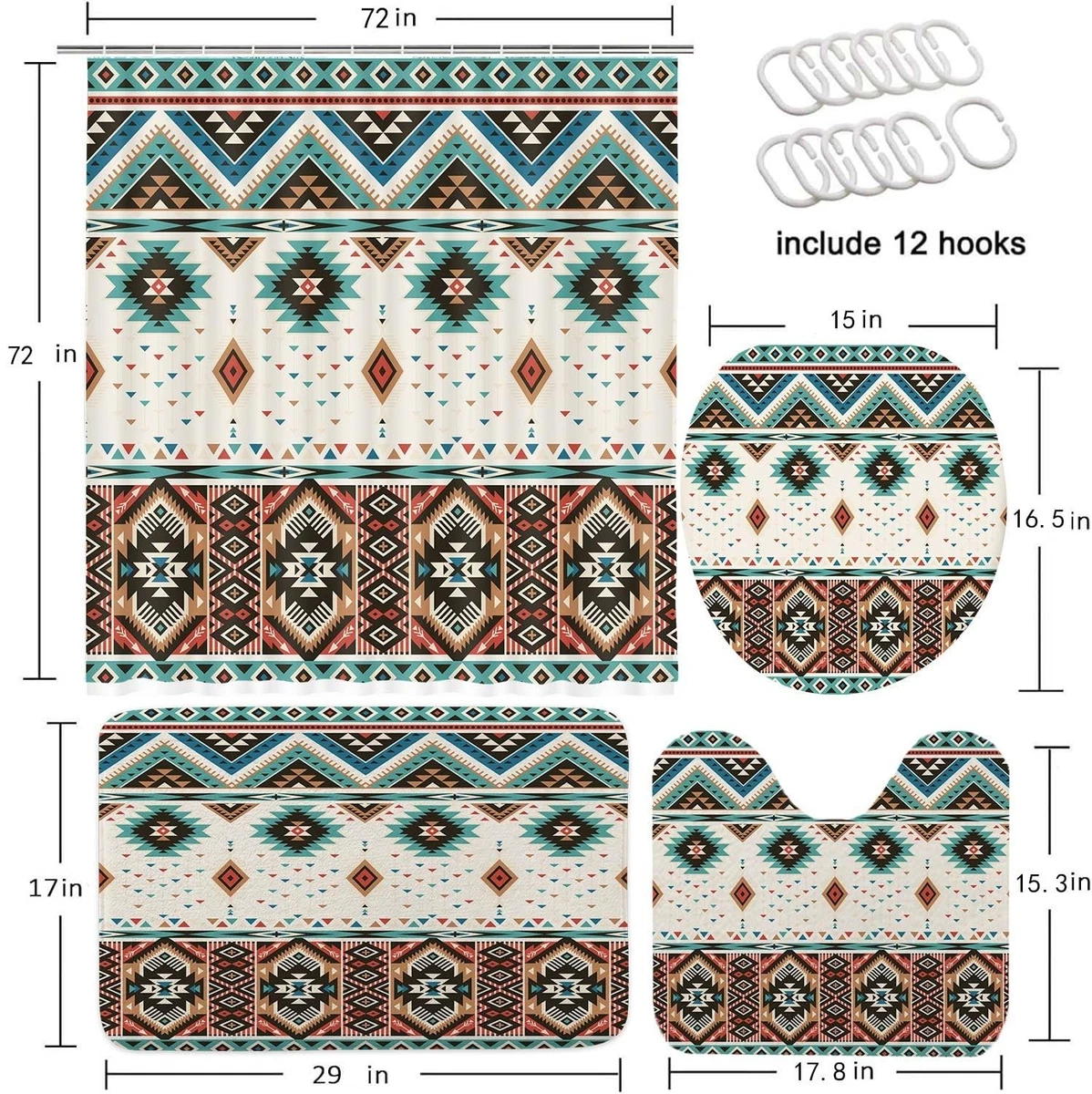 4 Pcs Southwestern Shower Curtain Set, Tribal Bath Rug & Toilet Lid Cover, Boho