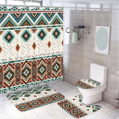 4 Pcs Southwestern Shower Curtain Set, Tribal Bath Rug & Toilet Lid Cover, Boho