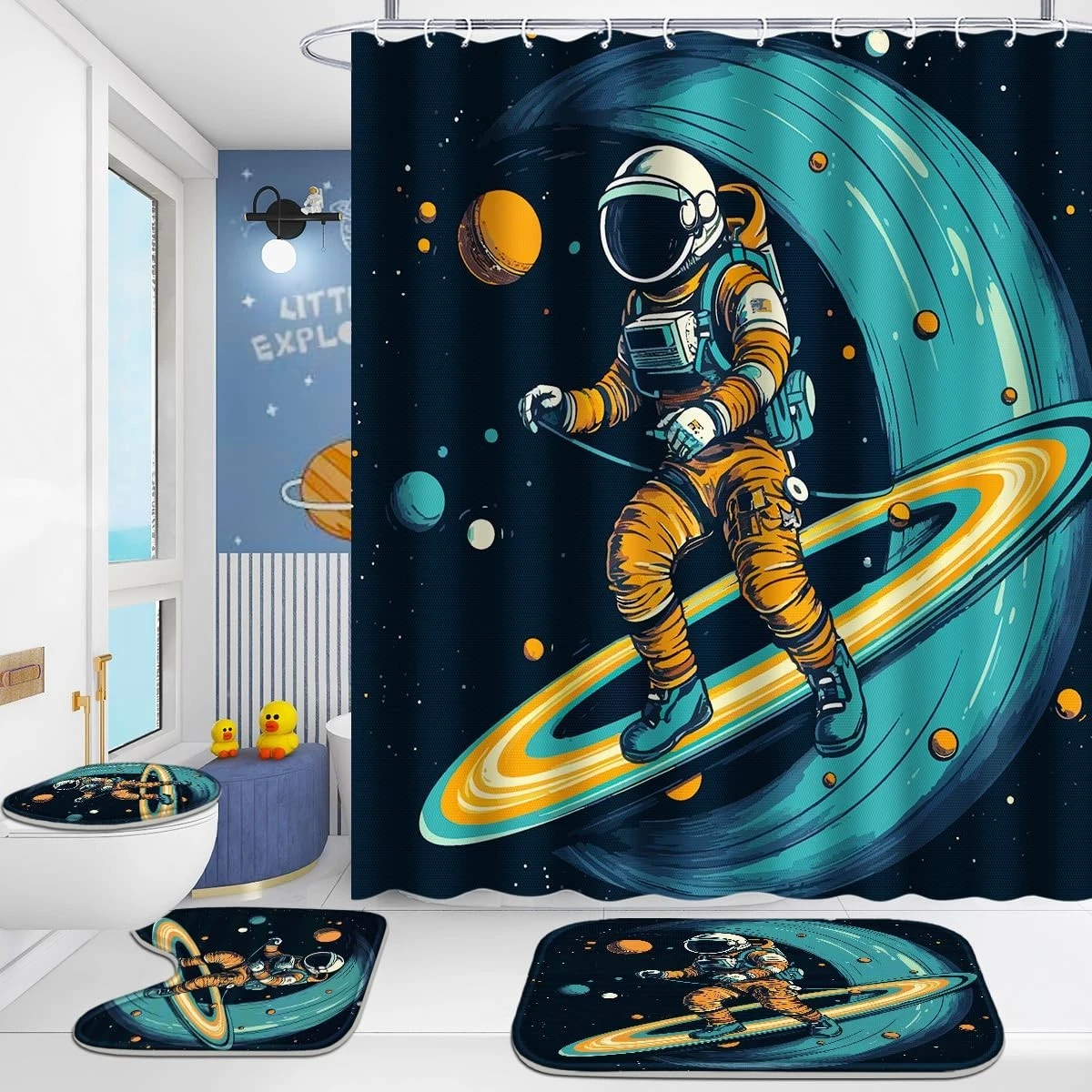 4 Pcs Space Bathroom Shower Curtain Set with Rugs, Bath Mat & Toilet Lid Cover,