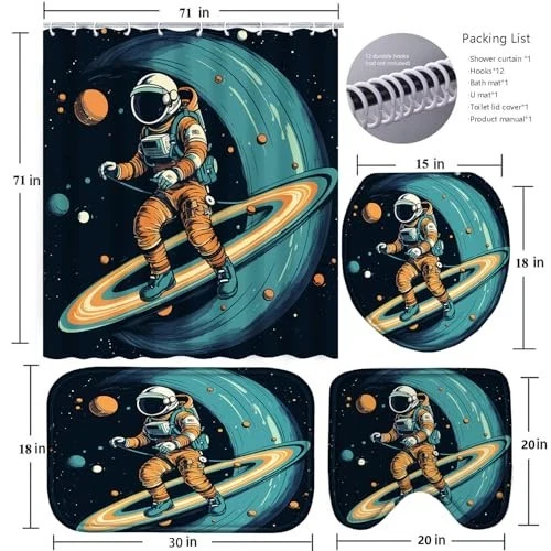 4 Pcs Space Bathroom Shower Curtain Set with Rugs, Bath Mat & Toilet Lid Cover,