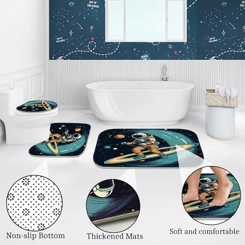 4 Pcs Space Bathroom Shower Curtain Set with Rugs, Bath Mat & Toilet Lid Cover,