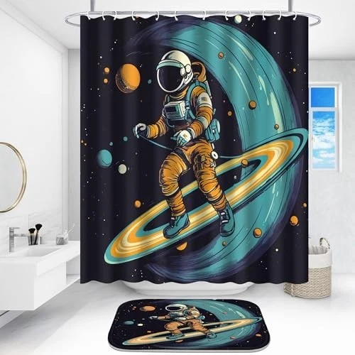 4 Pcs Space Bathroom Shower Curtain Set with Rugs, Bath Mat & Toilet Lid Cover,