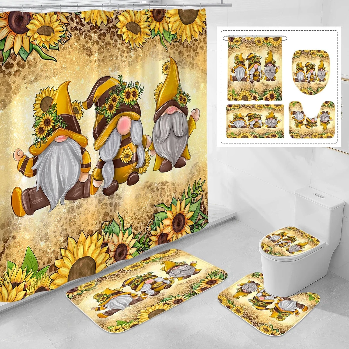 4 Pcs Sunflower Gnomes Shower Curtain Set with Non-Slip Rugs, Toilet Lid Cover a
