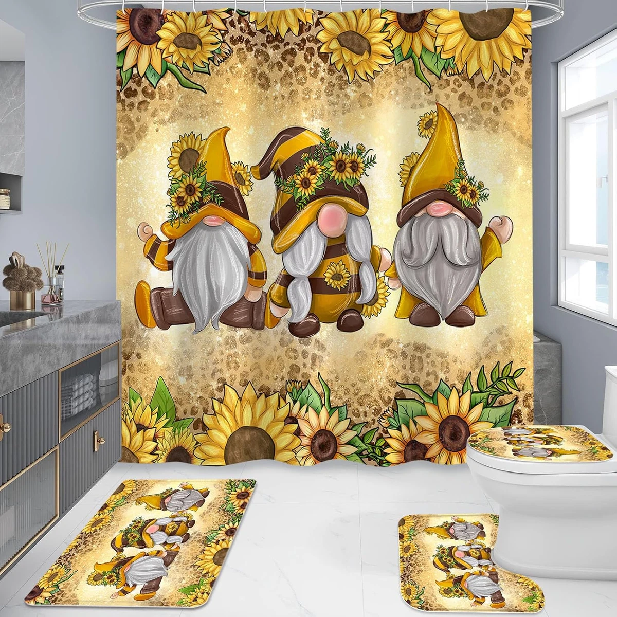 4 Pcs Sunflower Gnomes Shower Curtain Set with Non-Slip Rugs, Toilet Lid Cover a