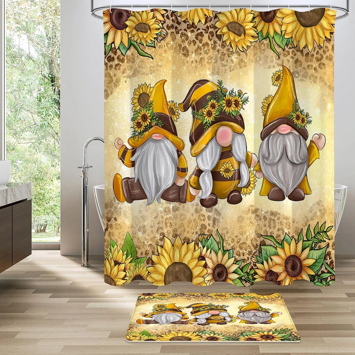4 Pcs Sunflower Gnomes Shower Curtain Set with Non-Slip Rugs, Toilet Lid Cover a