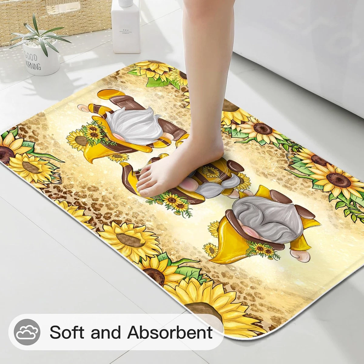 4 Pcs Sunflower Gnomes Shower Curtain Set with Non-Slip Rugs, Toilet Lid Cover a