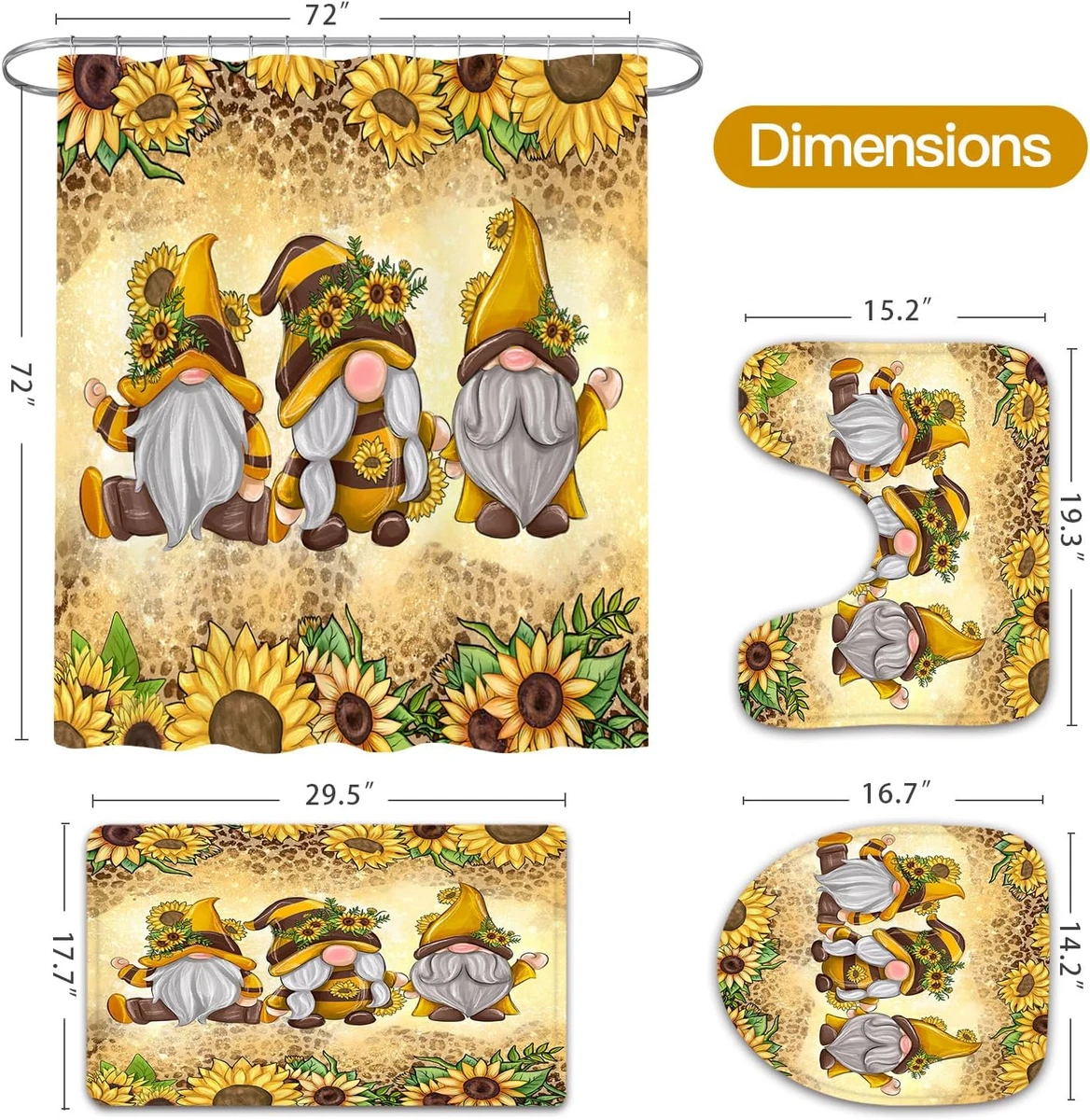 4 Pcs Sunflower Gnomes Shower Curtain Set with Non-Slip Rugs, Toilet Lid Cover a