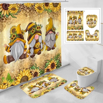 4 Pcs Sunflower Gnomes Shower Curtain Set with Non-Slip Rugs, Toilet Lid Cover a