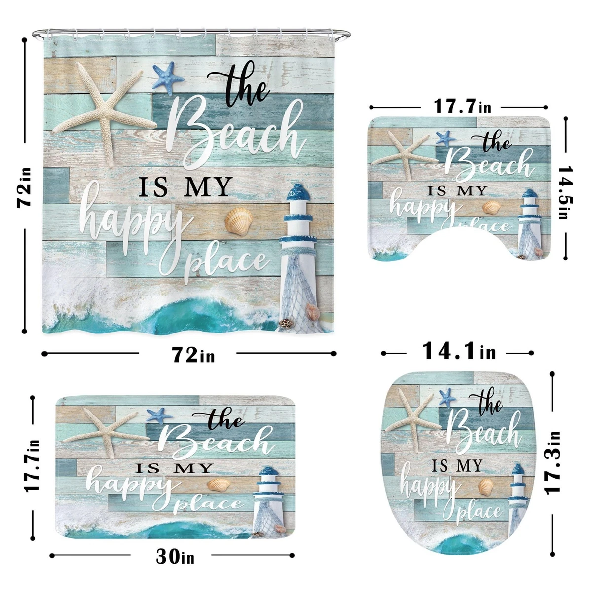 4 PCS Teal Blue Shower Curtain Set with Toilet Lid Cover, Non-Slip Rugs & 12 Hoo