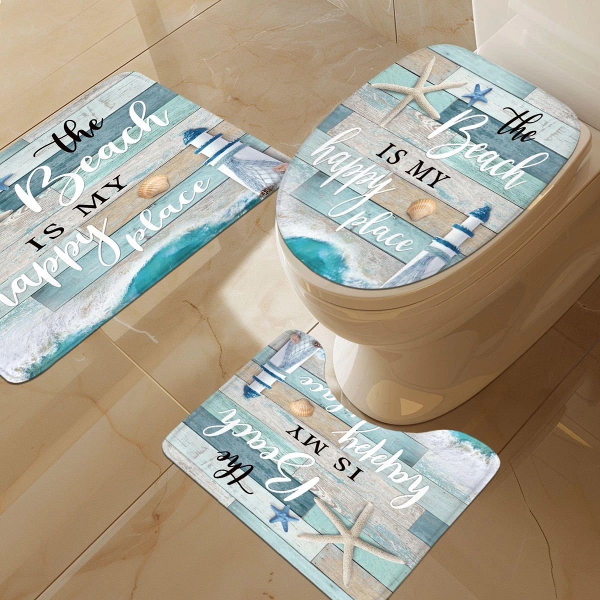 4 PCS Teal Blue Shower Curtain Set with Toilet Lid Cover, Non-Slip Rugs & 12 Hoo