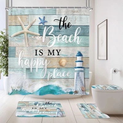 4 PCS Teal Blue Shower Curtain Set with Toilet Lid Cover, Non-Slip Rugs & 12 Hoo
