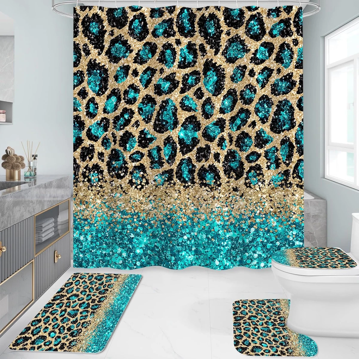 4 Pcs Teal Leopard Print Shower Curtain Set with Non-Slip Rugs, Toilet Lid Cover