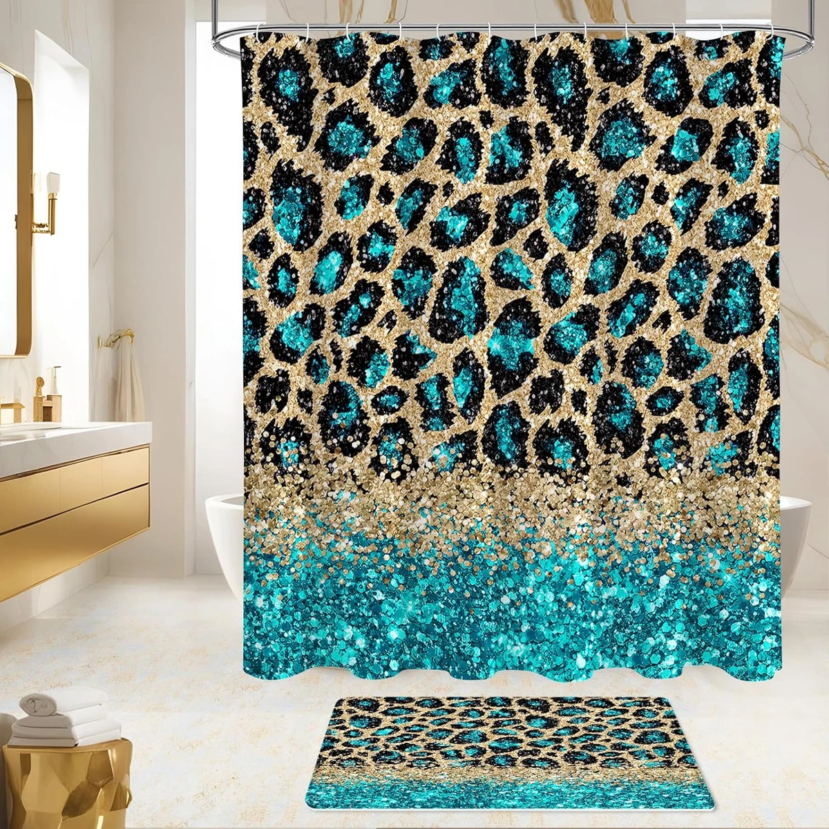 4 Pcs Teal Leopard Print Shower Curtain Set with Non-Slip Rugs, Toilet Lid Cover