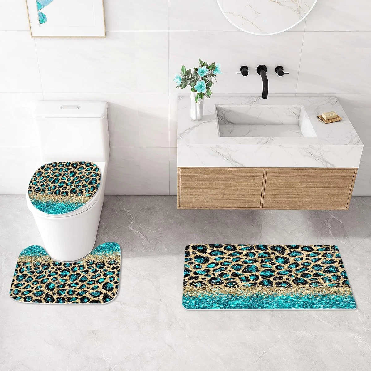 4 Pcs Teal Leopard Print Shower Curtain Set with Non-Slip Rugs, Toilet Lid Cover