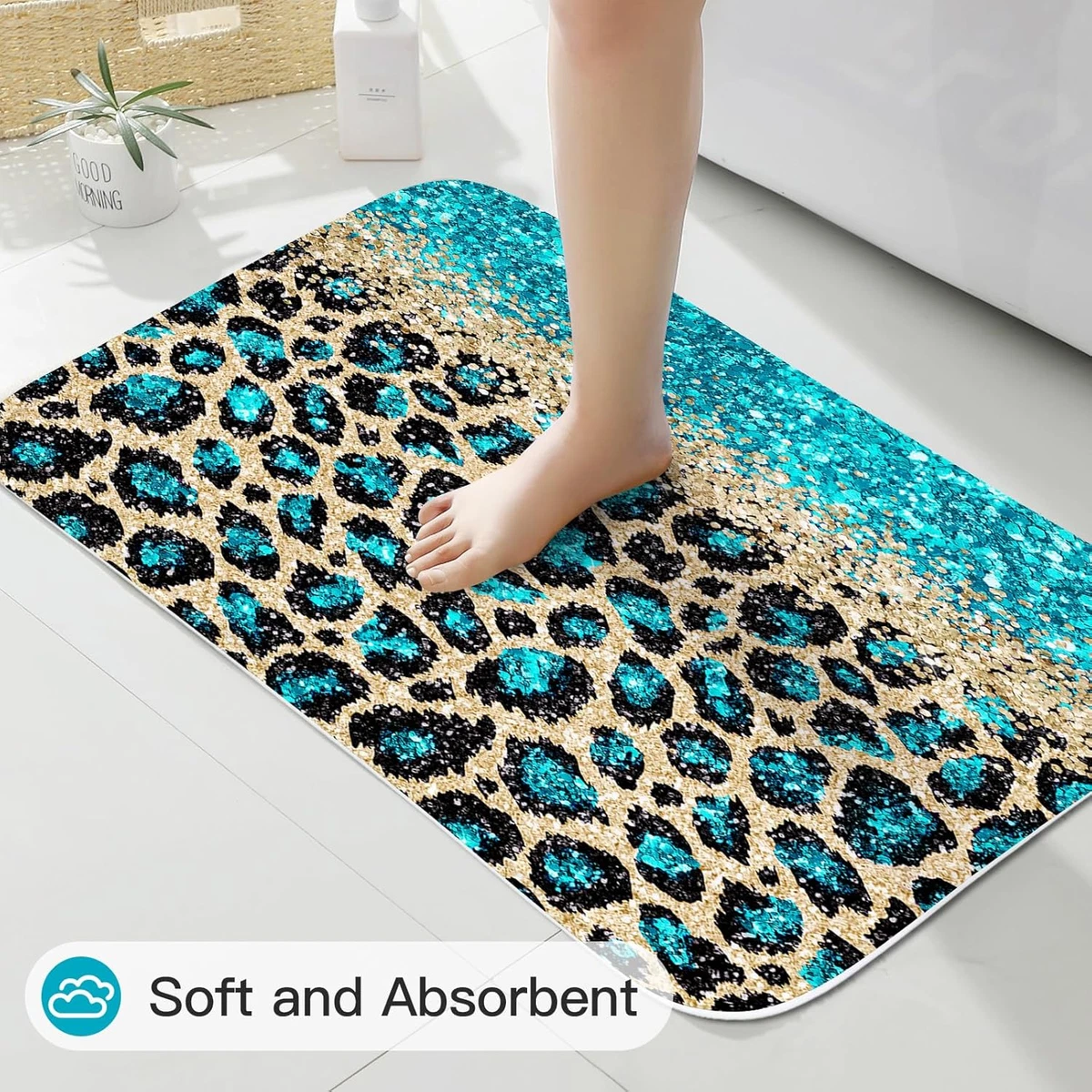 4 Pcs Teal Leopard Print Shower Curtain Set with Non-Slip Rugs, Toilet Lid Cover