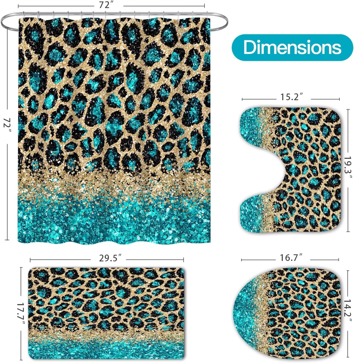 4 Pcs Teal Leopard Print Shower Curtain Set with Non-Slip Rugs, Toilet Lid Cover