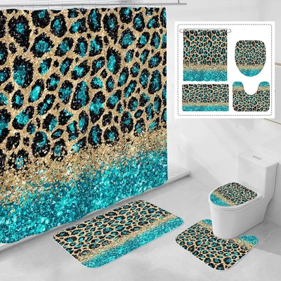 4 Pcs Teal Leopard Print Shower Curtain Set with Non-Slip Rugs, Toilet Lid Cover