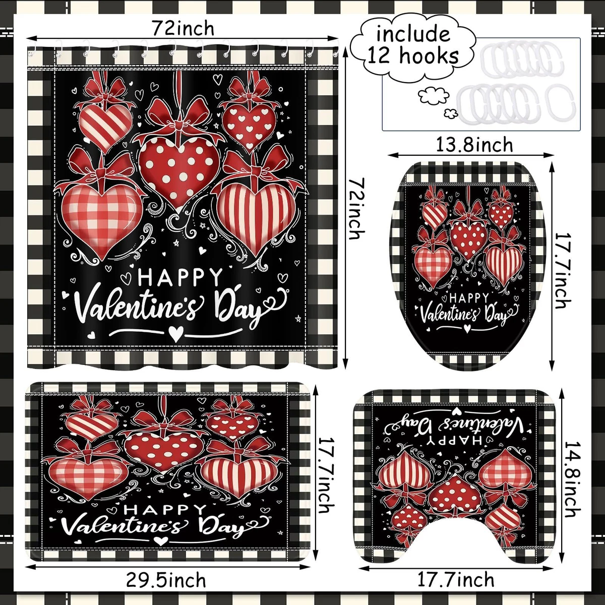 4 Pcs Valentine's Day Shower Curtain Set with Non Slip Rug Toilet Lid Cover B...