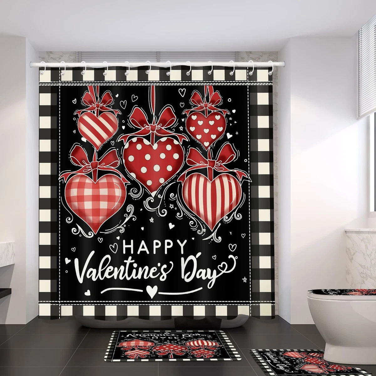 4 Pcs Valentine's Day Shower Curtain Set with Non Slip Rug Toilet Lid Cover B...