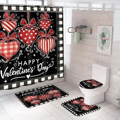 4 Pcs Valentine's Day Shower Curtain Set with Non Slip Rug Toilet Lid Cover B...