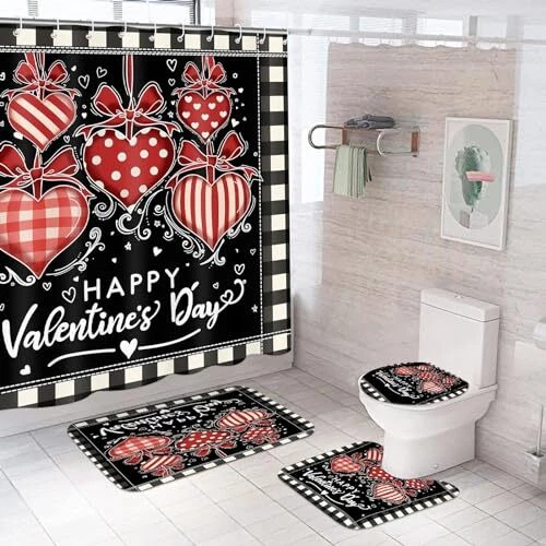 4 Pcs Valentine's Day Shower Curtain Set with Non Slip Rug Toilet Lid Cover