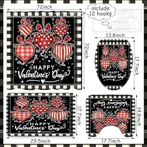 4 Pcs Valentine's Day Shower Curtain Set with Non Slip Rug Toilet Lid Cover