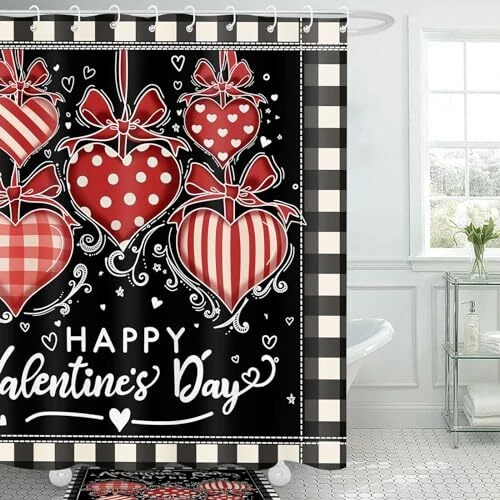 4 Pcs Valentine's Day Shower Curtain Set with Non Slip Rug Toilet Lid Cover