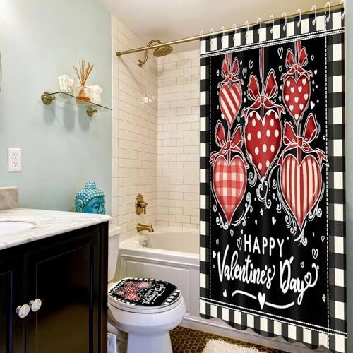 4 Pcs Valentine's Day Shower Curtain Set with Non Slip Rug Toilet Lid Cover