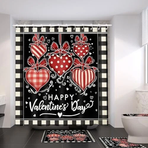 4 Pcs Valentine's Day Shower Curtain Set with Non Slip Rug Toilet Lid Cover