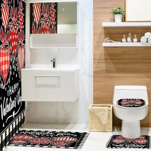 4 Pcs Valentine's Day Shower Curtain Set with Non Slip Rug Toilet Lid Cover