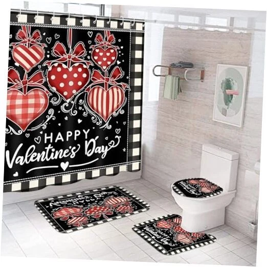 4 Pcs Valentine's Day Shower Curtain Set with Non Slip Rug Toilet Lid Cover