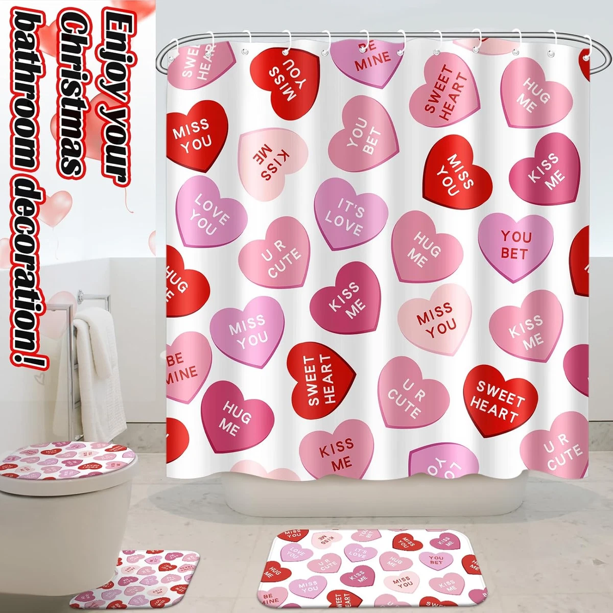 4 Pcs Valentines Shower Curtain Set, Non Slip Rugs Toilet Lid Cover U Shape Bath