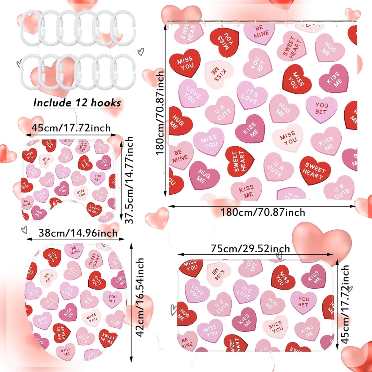 4 Pcs Valentines Shower Curtain Set, Non Slip Rugs Toilet Lid Cover U Shape Bath