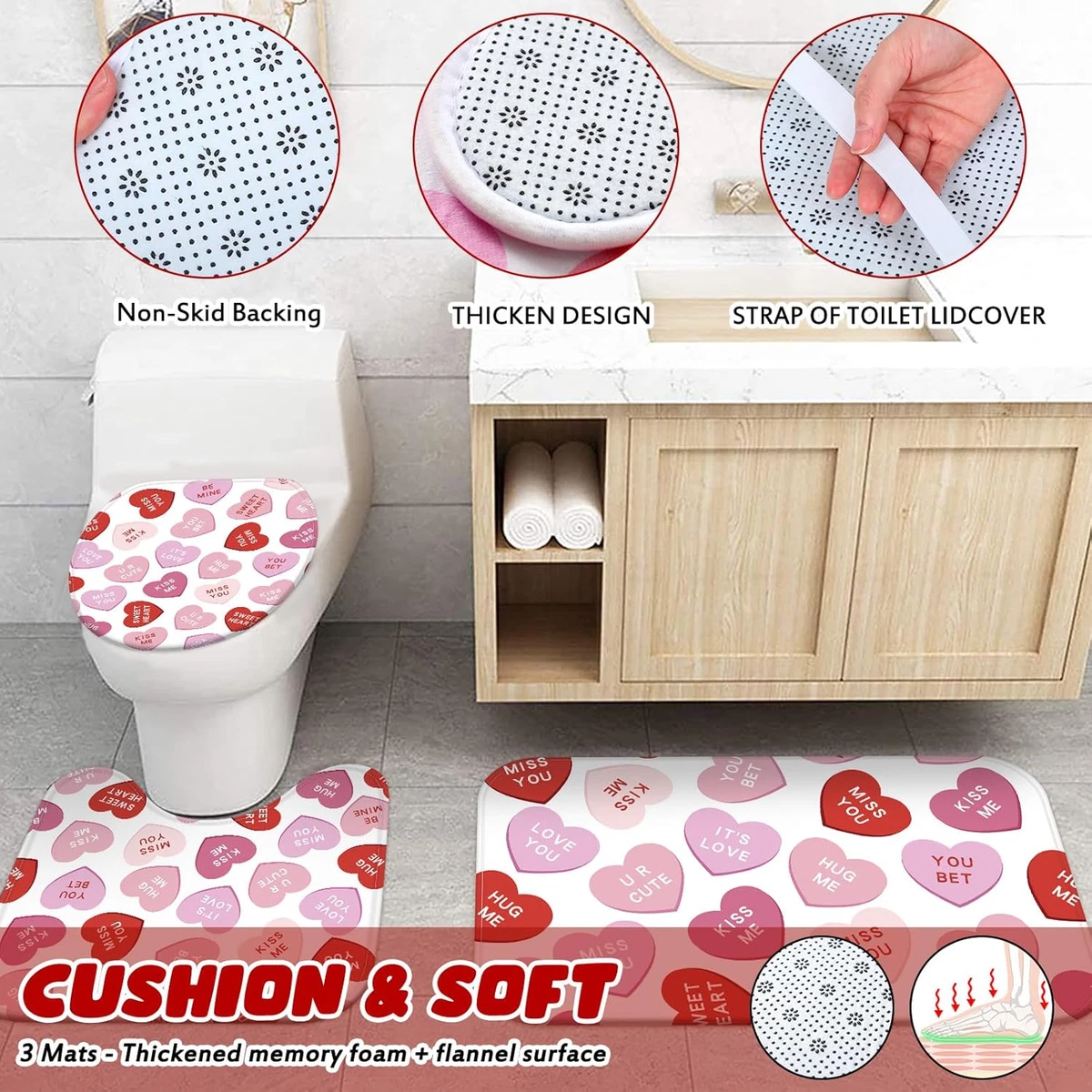 4 Pcs Valentines Shower Curtain Set, Non Slip Rugs Toilet Lid Cover U Shape Bath